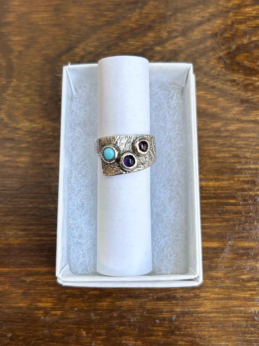Sterling Silver Multi-Gemstone Wide Band Ring - Turquoise, Amethyst, & Garnet